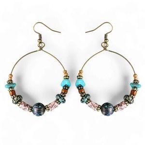 ⭐️2 for $30⭐️Sal Turquoise Boho Vintage, Hoop Bohemian Jewelry Bronze Beaded